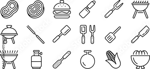 BBQ and Grill Icons Set Summer Outdoor Cooking and Food Preparation Tools Line Art Design