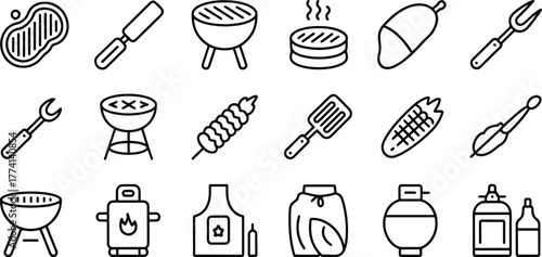 Barbecue Grill and Outdoor Cooking Elements Line Art Illustration Collection for Summer Gatherings and Celebrations