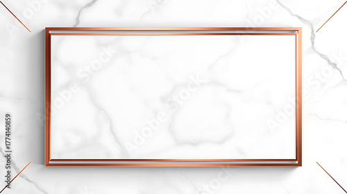 Elegant rose gold frame on a white marble background, perfect for showcasing photos, artwork, or designs the smooth marble texture and metallic accents create a sophisticated and modern aesthetic