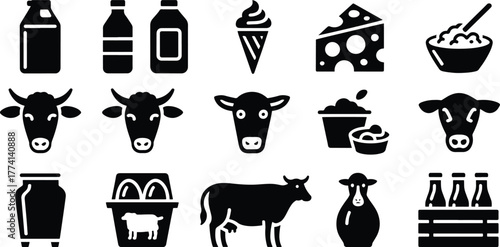 Black and White Dairy Products and Farm Animals Icons Vector Illustration Collection for Food Industry