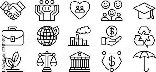 Business and Society Vector Icon Set with Handshake Community Environment Finance and Education Depicted in Simple Line Art Style