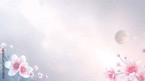 Dreamy floral background with soft pink flowers, a glowing moon, and a pastel sky, creating a serene and magical atmosphere perfect for romantic themes and gentle, ethereal designs