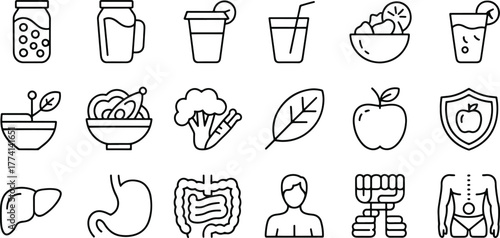 Collection of Healthy Lifestyle Icon Set with Nutrition and Diet Elements for Wellness and Wellbeing Illustrations