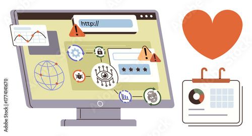 Desktop screen with browser link, security warnings, cyber threat icons, analytics graph, calendar, and heart shape. Ideal for cybersecurity, internet safety, data protection risk awareness online