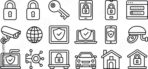 Collection of security related icons in black and white including locks phones computers and surveillance cameras for various security needs