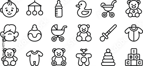 Collection of Newborn Essentials and Baby Related Items Outline Style Icons Illustration