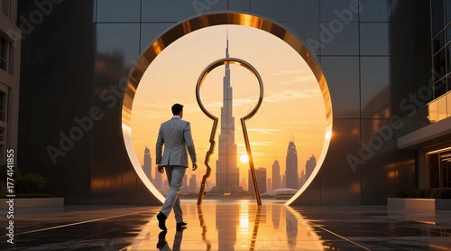 A businessman walks through a massive golden keyhole, stepping into a glowing sunset skyline with iconic skyscrapers  symbolizing unlocking opportunity and success in the modern cityscape.