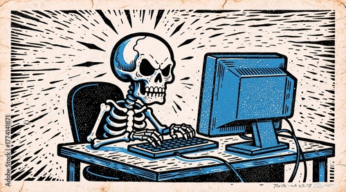 A skeleton sits at a desk, typing furiously on a computer keyboardradiating intense focus or urgencywith blue highlights and comic-book style shading against an aged paper background.