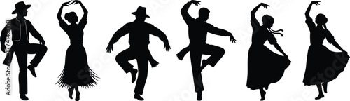 Silhouettes of traditional dancers, cultural attire, expressive poses, folk dance, black and white, coordinated movement, heritage art, rhythm, festive energy, choreography