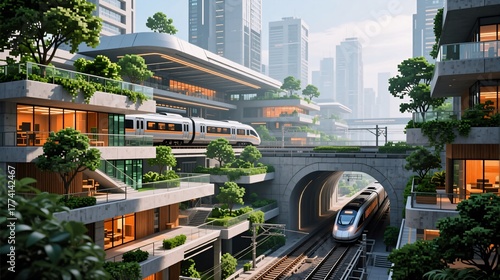 A futuristic, green skyscraper city with high-speed trains weaving through lush vertical gardens and sleek glass towers under a bright sky.
