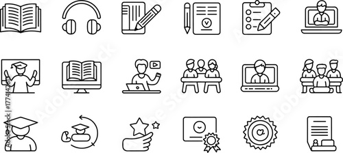 Online Education and Learning Icons Depicting Books Courses and Academic Achievement for Remote Study