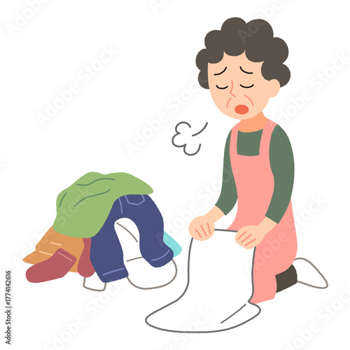 洗濯物を畳みながらため息をつく中年の女性のイラスト