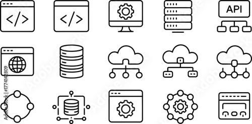 Set of icons representing cloud computing database server API and front end development with outline and minimal design for modern platforms
