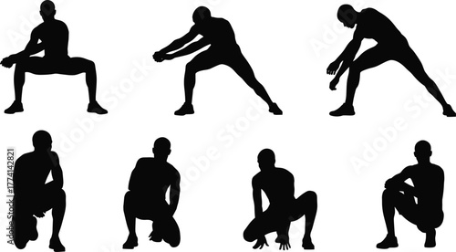 Silhouette man stretching, squatting, fitness poses, workout routine, body flexibility, strength training, exercise form, black figure, white background, active lifestyle