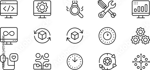 Set of thin line icons depicting software development processes and tools for programmers and IT professionals