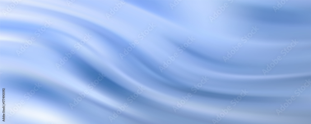Obraz premium Abstract blue white luxury fabric wave background with copy space. Smooth liquid wave. Elegant shiny silk satin texture. Suit for wallpaper, cover, header, desktop, web, flyer. Vector illustration
