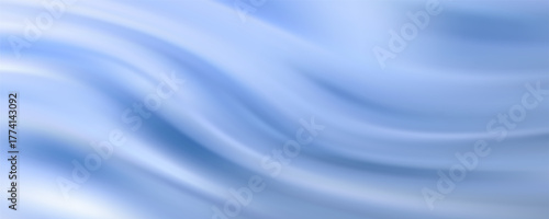 Abstract blue white luxury fabric wave background with copy space. Smooth liquid wave. Elegant shiny silk satin texture. Suit for wallpaper, cover, header, desktop, web, flyer. Vector illustration