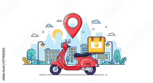 Vector illustration of red scooter with a delivery box and location pin in a stylized cityscape, representing fast and efficient delivery services