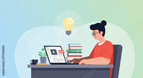 Vector illustration of a person studying or working on a laptop with a lightbulb symbolizing an idea, surrounded by books and a plant, representing learning and innovation