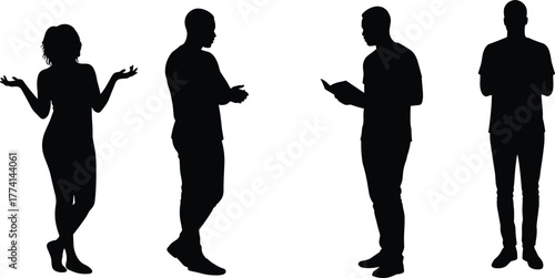 Silhouettes of people, standing, reading, gesturing, casual posture, expressive body language, modern lifestyle, communication, tablet use, questioning pose, neutral stance