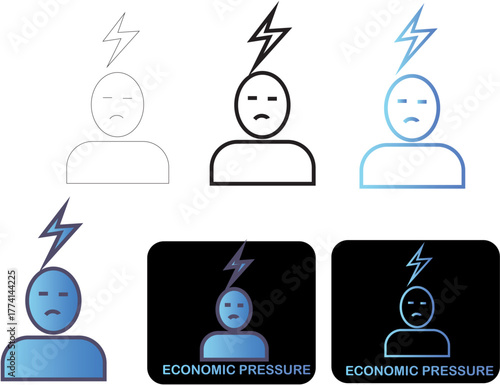 Minimalist vector icon set illustrating the concept of economic pressure, financial strain, and individual stress, depicting emotional burden and challenges