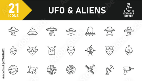 UFO and Alien line icon set. Set of 21 outline icons related to UFO, alien, space, spaceships, satellites, galaxies, comet, astronomy, science and others. Editable stroke. Vector illustration.