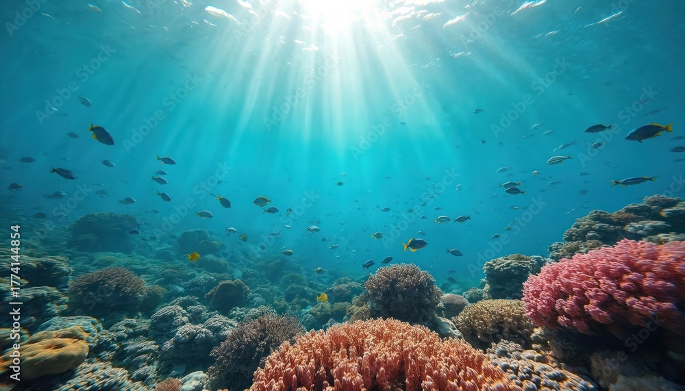 Fototapeta premium Underwater scene shows coral reef with many fishes swimming in blue ocean water. Sun rays penetrate sea surface lighting aquatic world with corals, marine life. Perfect for sea adventures