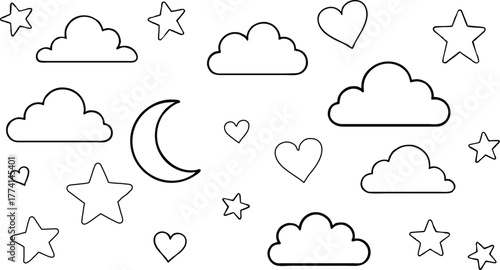 Dreamy night sky with stars, moon, clouds, and hearts for kids illustrations