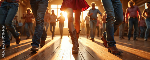 Illustration captures line dancing in a wooden hall. People in jeans and cowboy boots enjoy country music. Group performs energetic dance moves on the floor. Sunlight illuminates the scene.