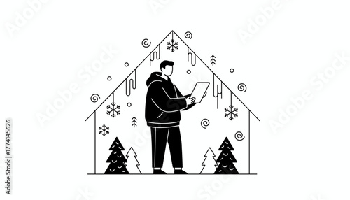 Man holding a tablet inside a decorated winter home outline Seasonal planning illustration
