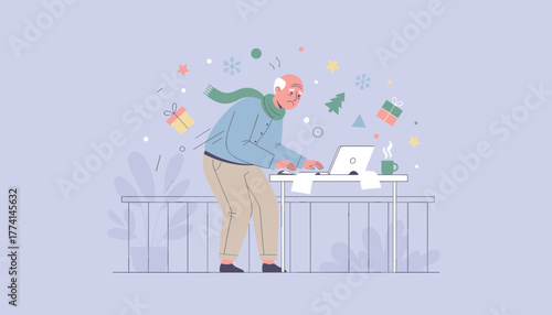 Overworked senior man on laptop surrounded by stressful holiday shopping and winter symbols