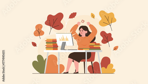 Overworked businesswoman angry with high workload and deadline pressure