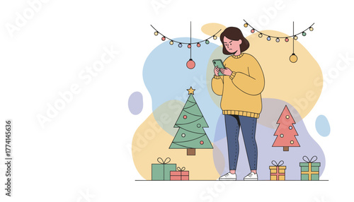 Frustrated woman checks her smartphone ignoring the festive Christmas decorations and gifts