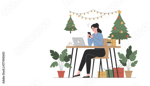Woman working remotely during Christmas stressed checking phone near laptop and holiday decorations