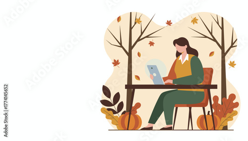 Remote work in autumn Woman uses a tablet outdoors among fall leaves and pumpkins