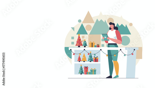 Woman using a tablet by a shelf of Christmas gifts and festive decor Holiday shopping concept