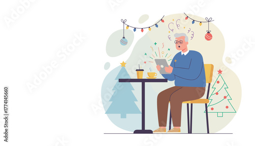 Surprised senior man using a sparkling digital tablet while drinking coffee in a festive holiday setting