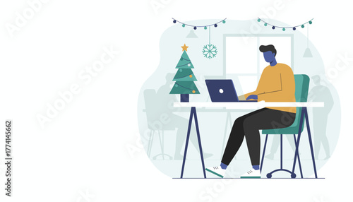 Illustration of a man working remotely on a laptop during the Christmas holiday season in a decorated office