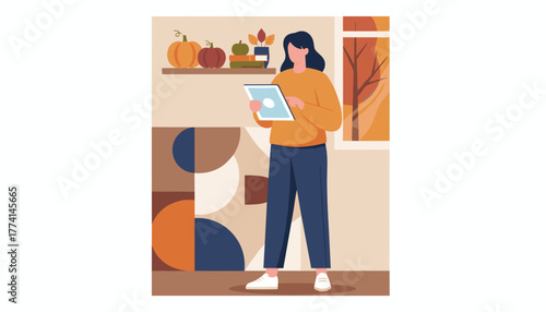 Woman using tablet in cozy autumn interior with pumpkins and fall colors