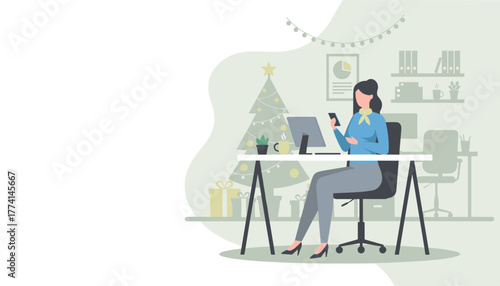 Professional woman works in a holiday decorated office using a smartphone