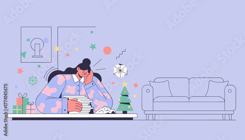 Holiday burnout Tired woman managing tasks gifts and Christmas stress