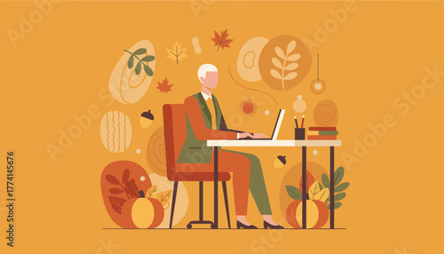 A professional working on a laptop in an autumnal office environment focusing on seasonal productivity