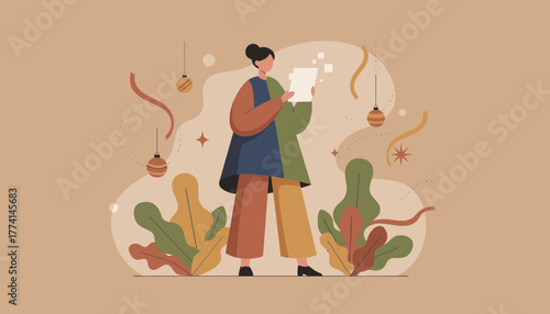 Modern flat vector of woman checking a document surrounded by abstract creative holiday elements