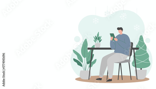 Casual man using tablet indoors during winter break surrounded by houseplants Leisure and technology