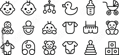 Adorable baby icons collection including toys clothing and essential supplies for newborn care representing the joy of parenthood and early childhood development
