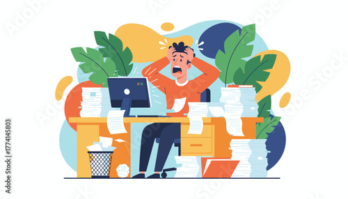 Stressed worker overwhelmed by huge piles of paperwork and deadlines in a chaotic office illustration