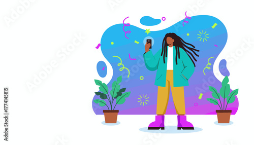 Woman uses phone to capture a vibrant moment surrounded by confetti and modern plants