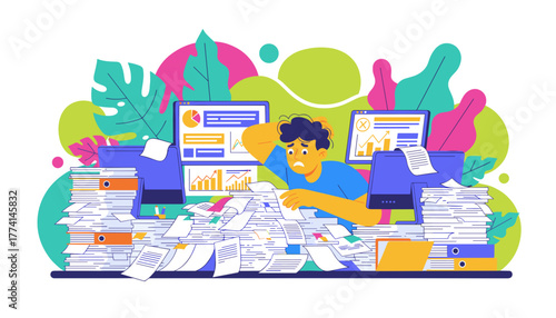 Stressed man overwhelmed by huge piles of paperwork and data screens Office workload and burnout concept