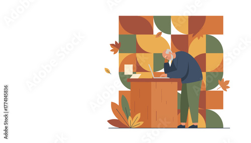 Stressed senior working remotely on laptop at desk in fall colors