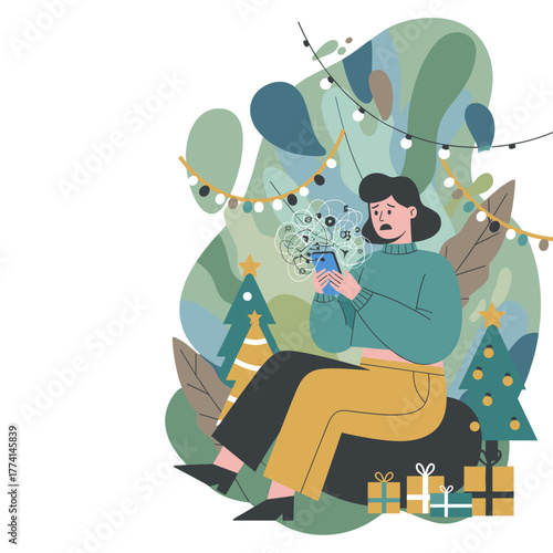 A woman feels holiday stress and anxiety from social media overload on her smartphone